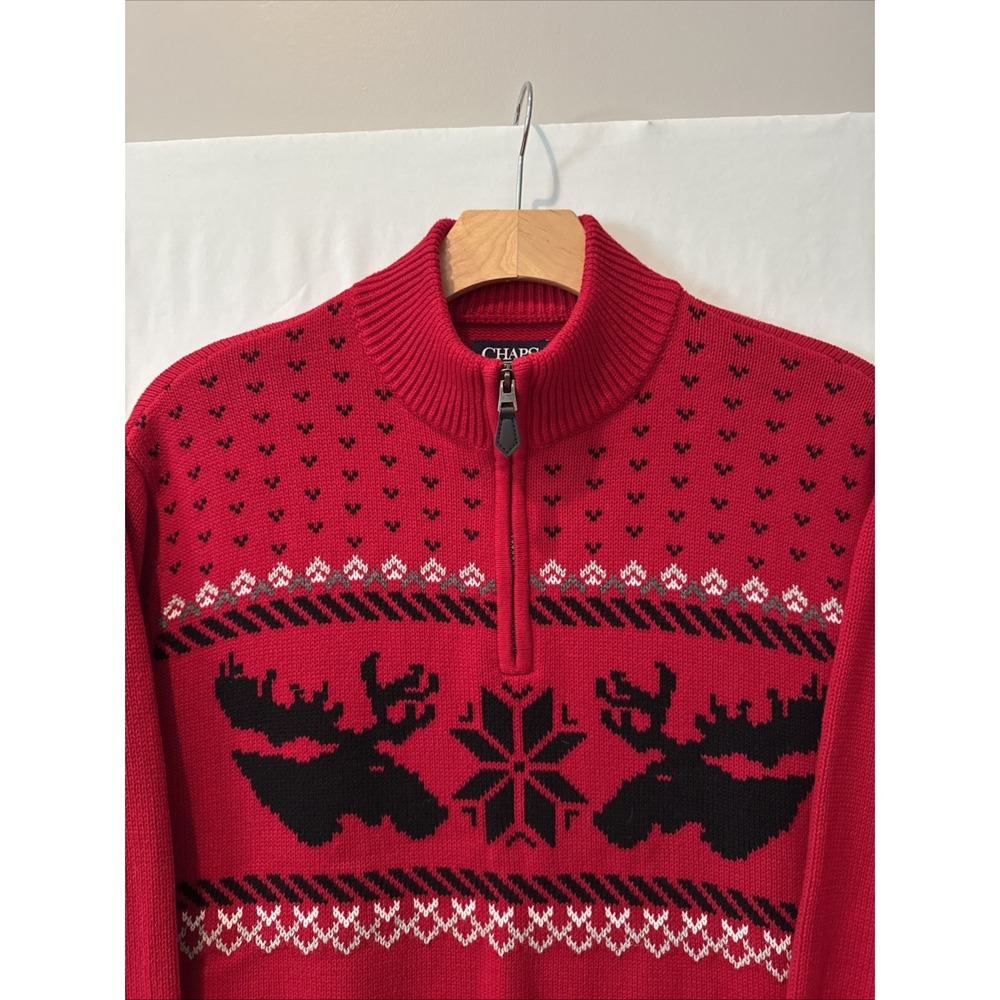 Chaps Men's XXL Red Reindeer Fair Isle Quarter Zip Christmas Sweater 100% Cotton